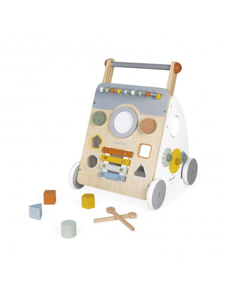 Carrito caminador de madera con multiactividades