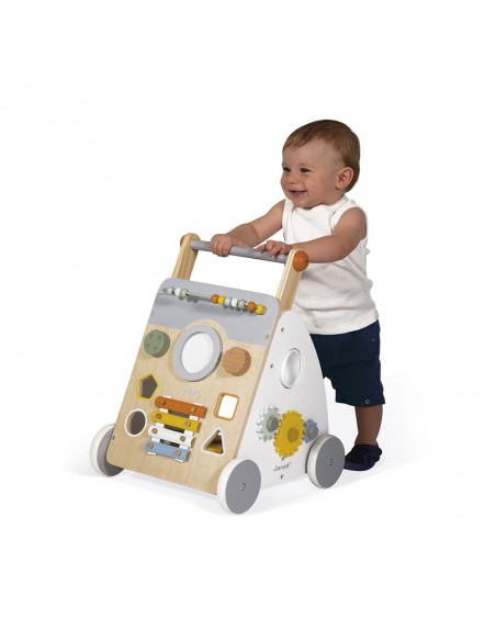 Carrito caminador de madera con multiactividades