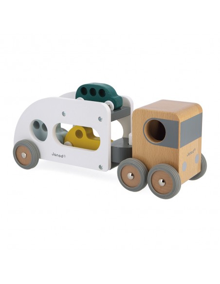 Camión de madera transportador de coches con 3 vehículos