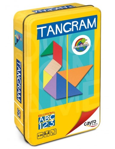 Tangram con piezas de colores, en caja de metal