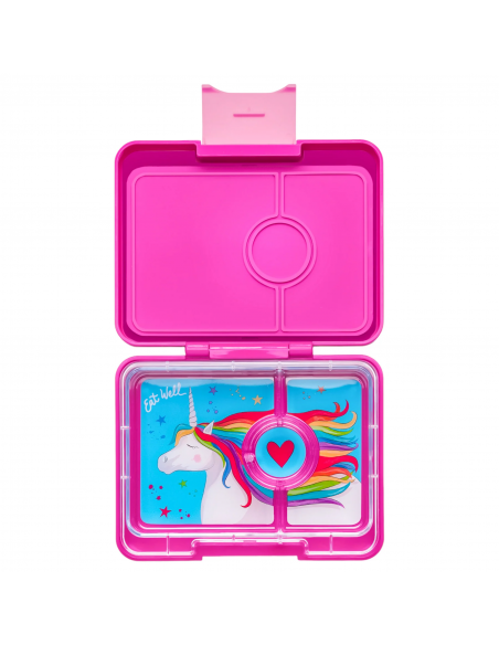 Fiambrera Yumbox Snack Malibu purple, bandeja Unicorn de 3 compartimentos