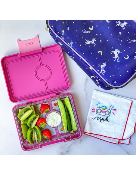 Fiambrera Yumbox Snack Malibu purple, bandeja Unicorn de 3 compartimentos
