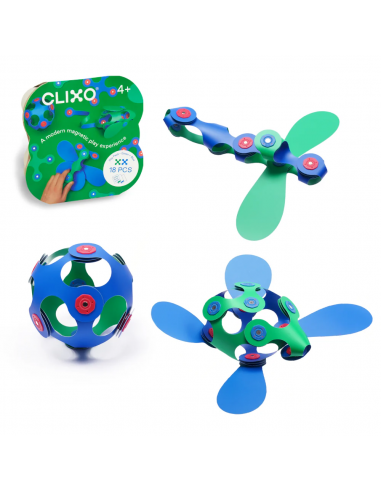 Itsy Pack green/blue, set de 18 piezas de construcción magnéticas Clixo