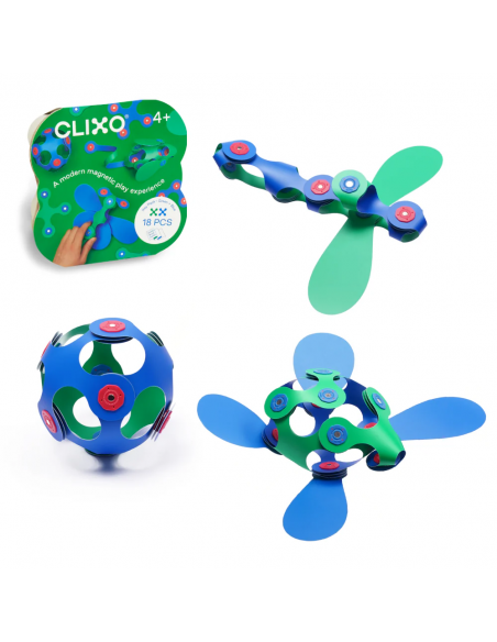 Itsy Pack green/blue, set de 18 piezas de construcción magnéticas Clixo