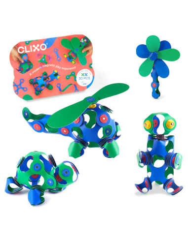 Crew Pack green/blue, set de 30 piezas de construcción magnéticas Clixo