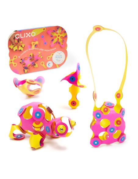 Crew Pack pink/yellow, set de 30 piezas de construcción magnéticas Clixo