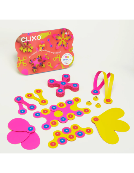 Crew Pack pink/yellow, set de 30 piezas de construcción magnéticas Clixo