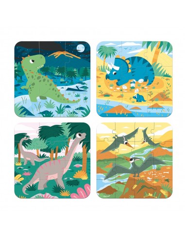 Set de 4 puzles evolutivos Dinosaurios, de 6, 9, 12 y 16 piezas
