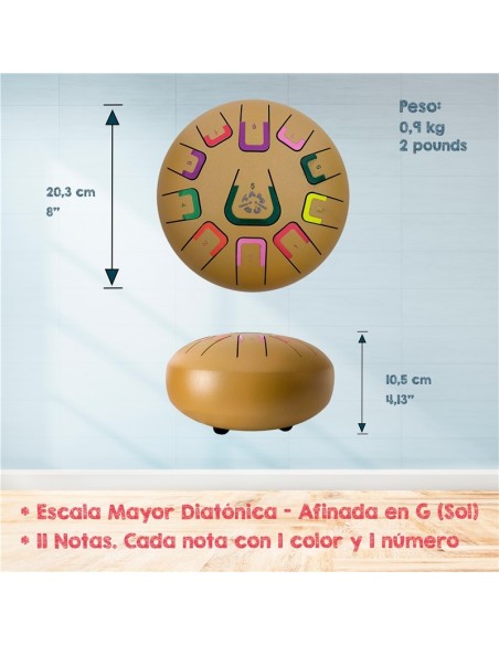 Tambor metálico de lengüetas, de 8" y 11 notas, color oro