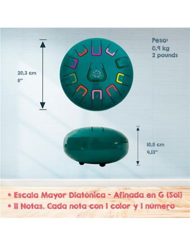 Tambor metálico de lengüetas, de 8" y 11 notas, color turquesa mate