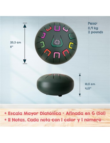 Tambor metálico de lengüetas, de 8" y 11 notas, color verde jungla mate