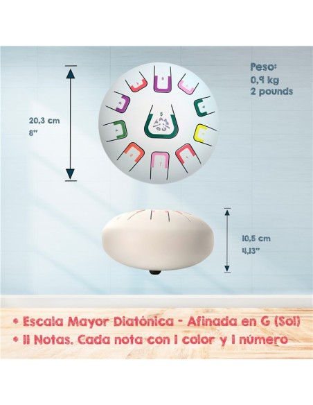 Tambor metálico de lengüetas, de 8" y 11 notas, color blanco mate