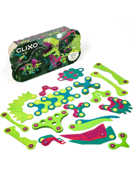 Dino Adventure Pack, set de 36 piezas de construcción magnéticas Clixo