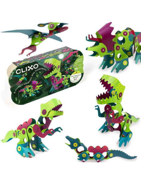 Dino Adventure Pack, set de 36 piezas de construcción magnéticas Clixo