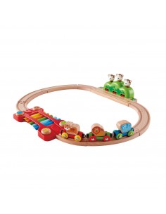 Circuito de tren de madera con música y monos