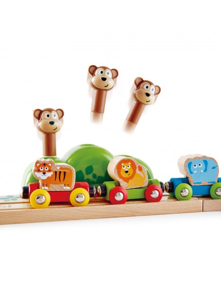 Circuito de tren de madera con música y monos