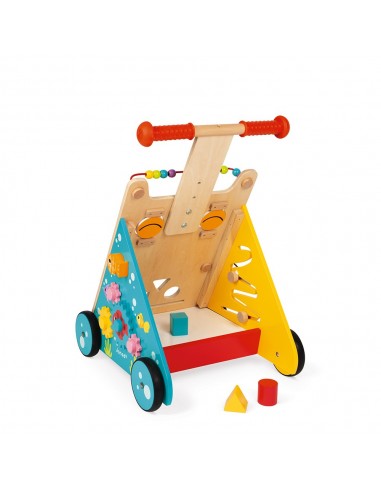 Carrito caminador de madera con multiactividades