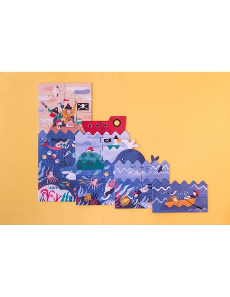 Set de 4 puzles evolutivos Discover the treasure, de 4, 8, 12 y 16 piezas