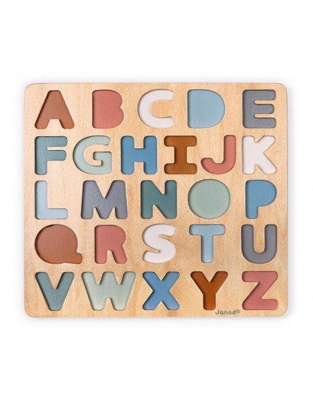 Puzle de madera encajable alfabeto mayúsculas con pizarra