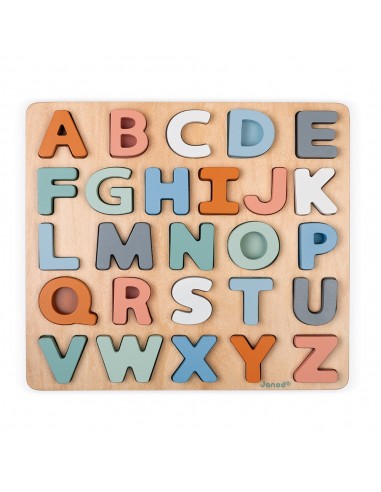 Puzle de madera encajable alfabeto mayúsculas con pizarra